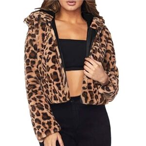 Lanshifei Leopard Print Faux Fur Cropped Hoodie Jacket Sz: M